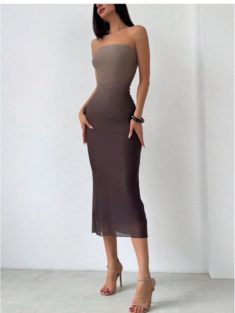 Ombré Strapless Midi Bodycon Dress in Taupe & brown - Picture 3 of 5